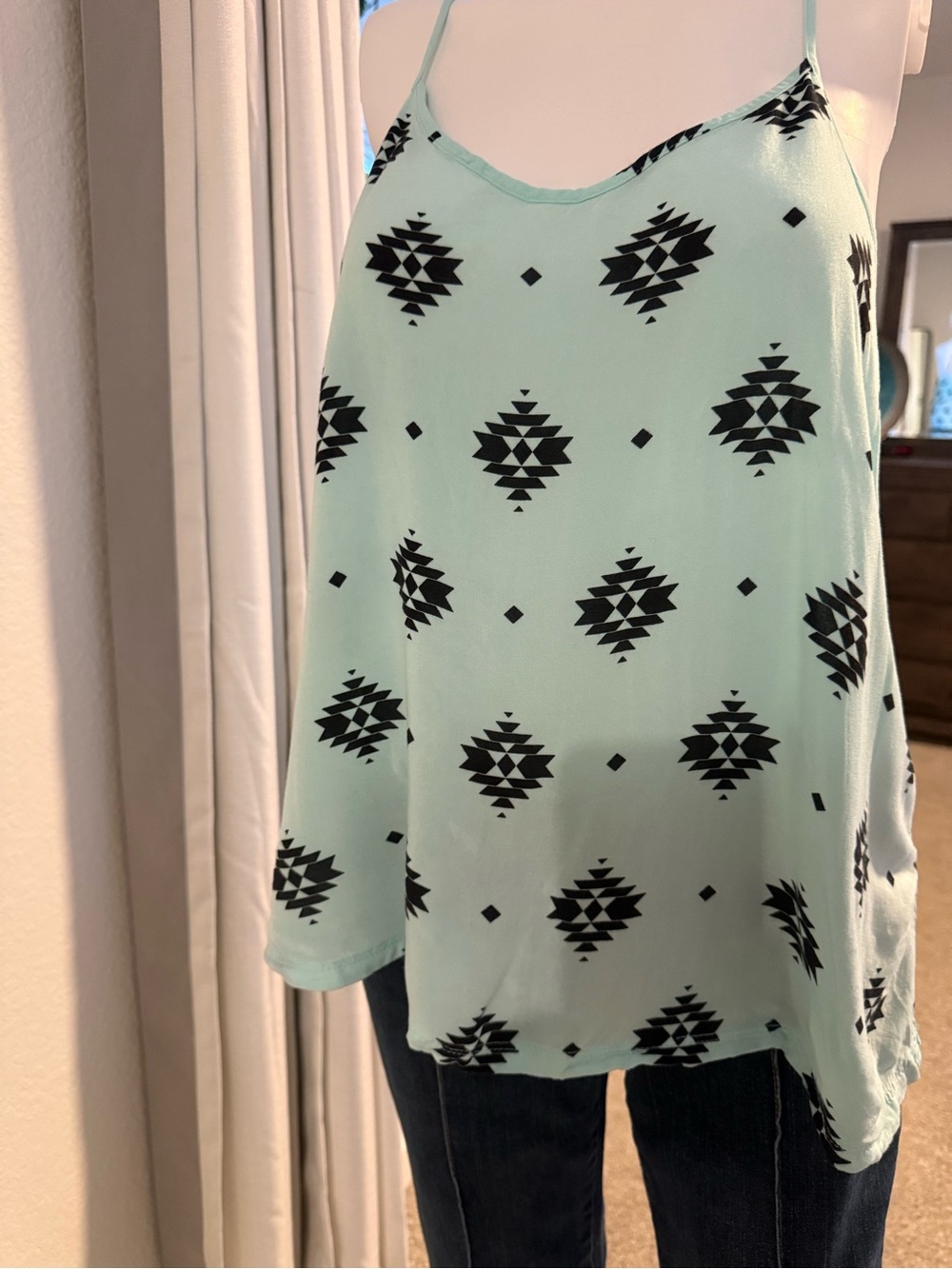 Source Unknown Mint Green Aztec-Print Spaghetti Strap Tank